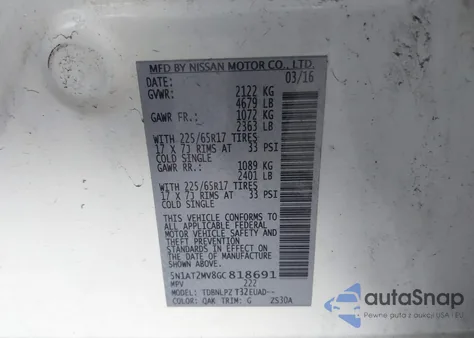 2016 Nissan Rogue S/Sl/Sv z USA, uszkodzony, nr VIN 5N1AT2MV8GC818691